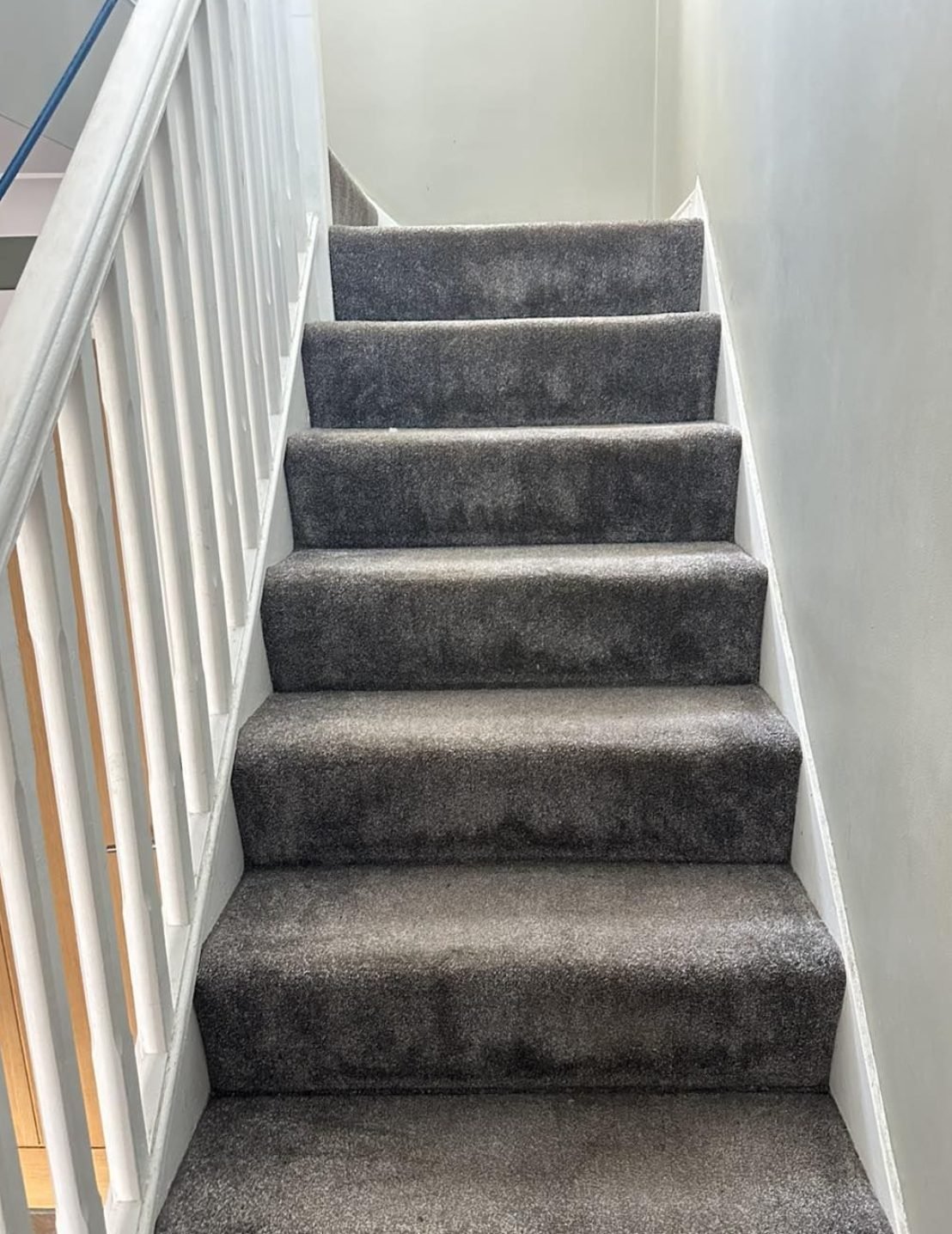 Charcoal stair carpet cleaned tread by tread